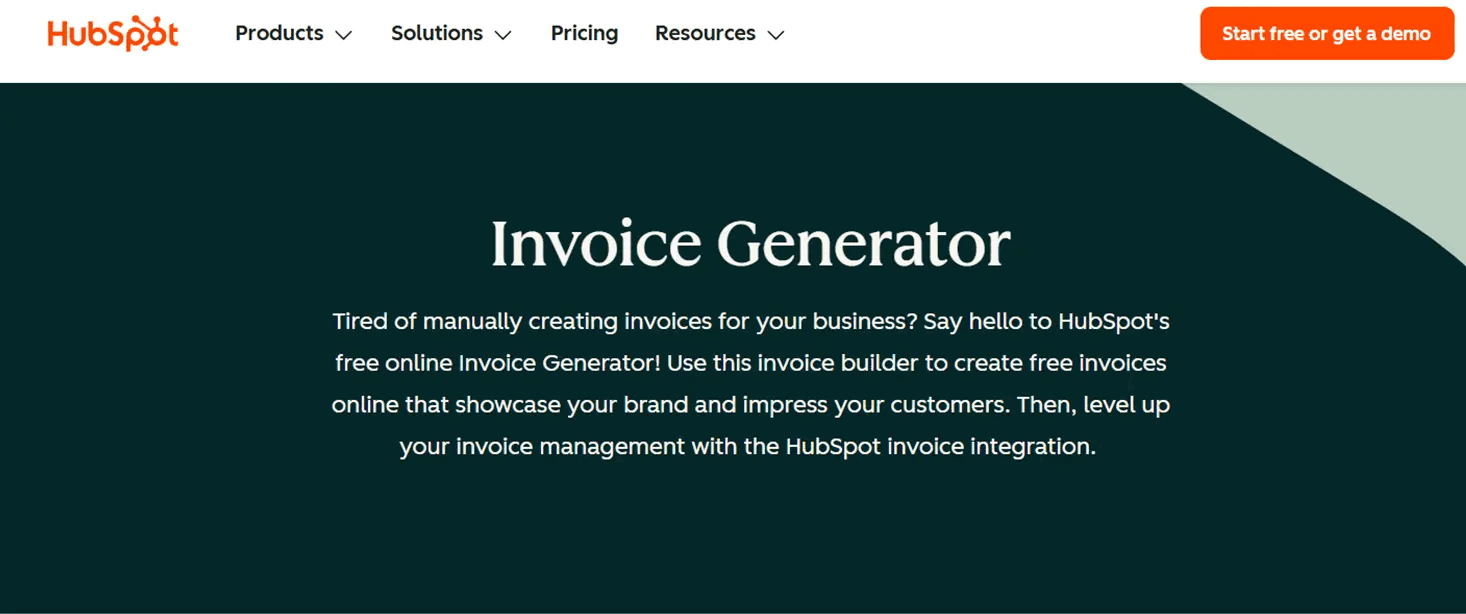 HubSpotの請求書テンプレート作成ツール(Invoice Generator)のページのスクリーンショット。画面がすべて英語表記になっている